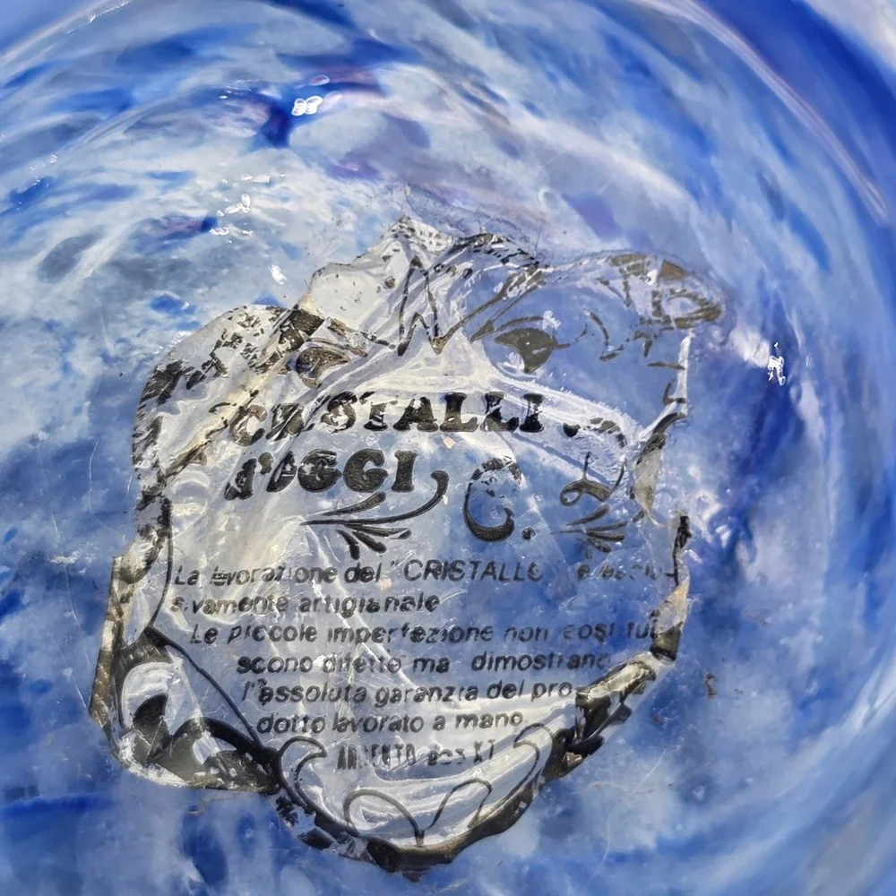 Cristalli d'Oggi Bowl Murano Glass Silver Fruit Base blue White Swirl 12in